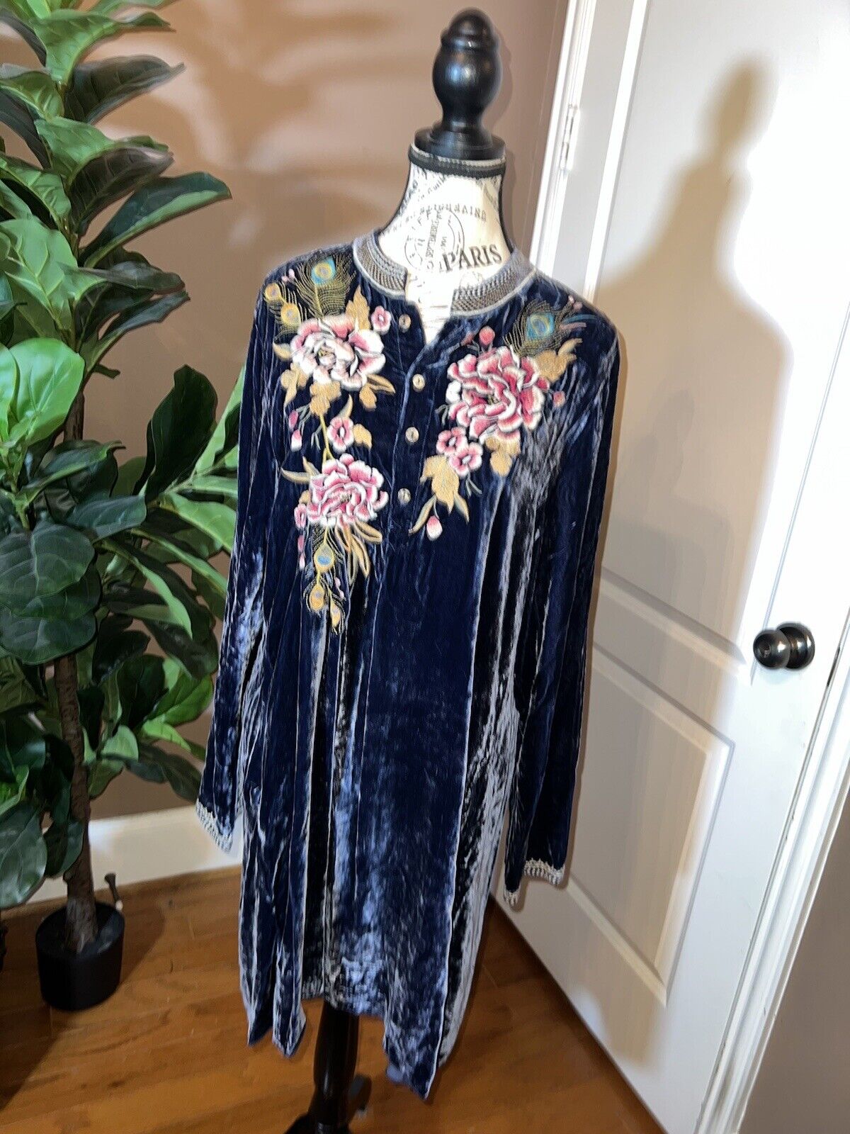 Johnny Was L Large Blue Velvet Kimono Mini Dress Peacock Feather Embroidery