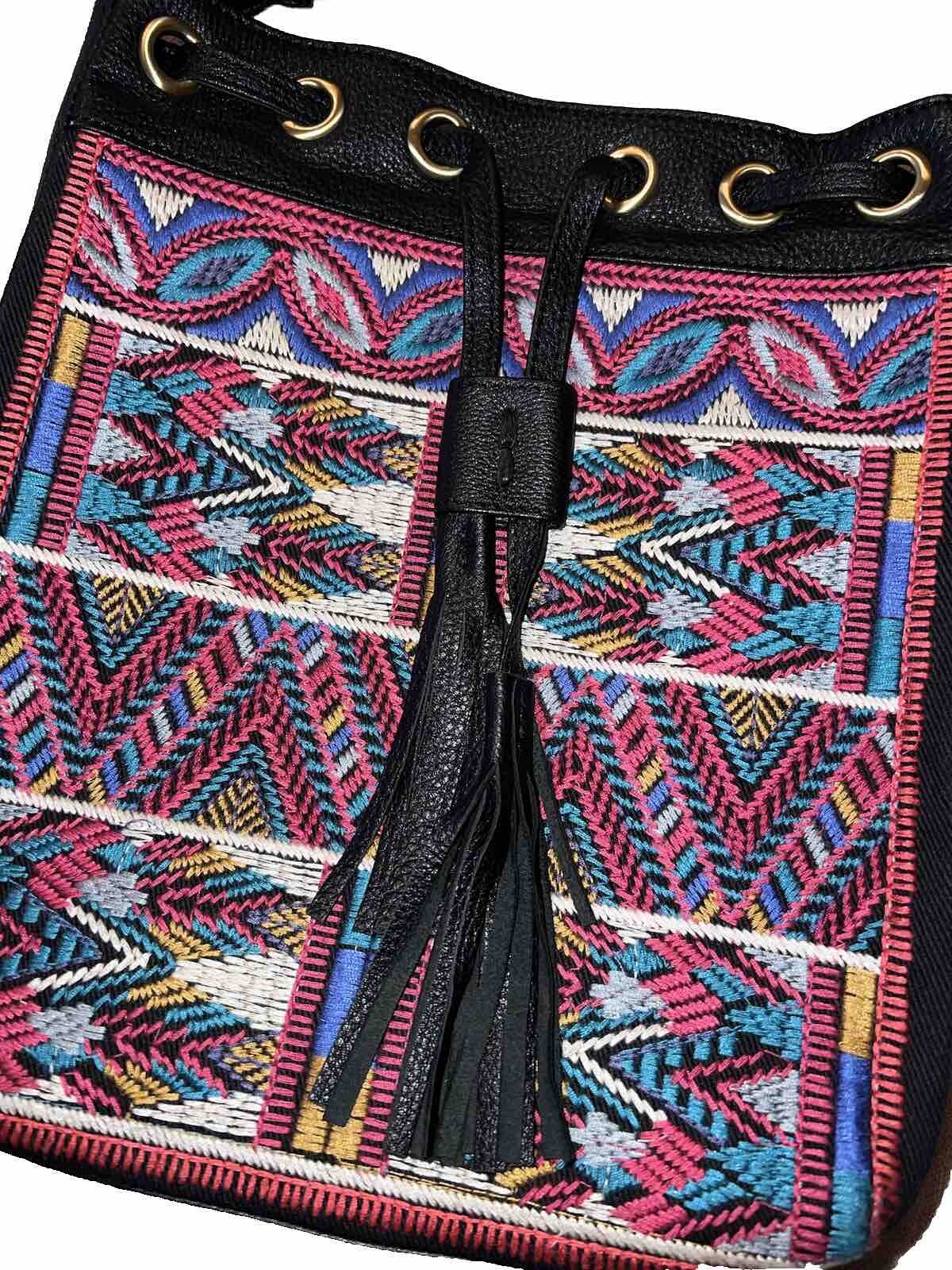 Johnny Was Black Leather Tote Bag Purse Crossbody Beautiful Embroidery Johnny Was