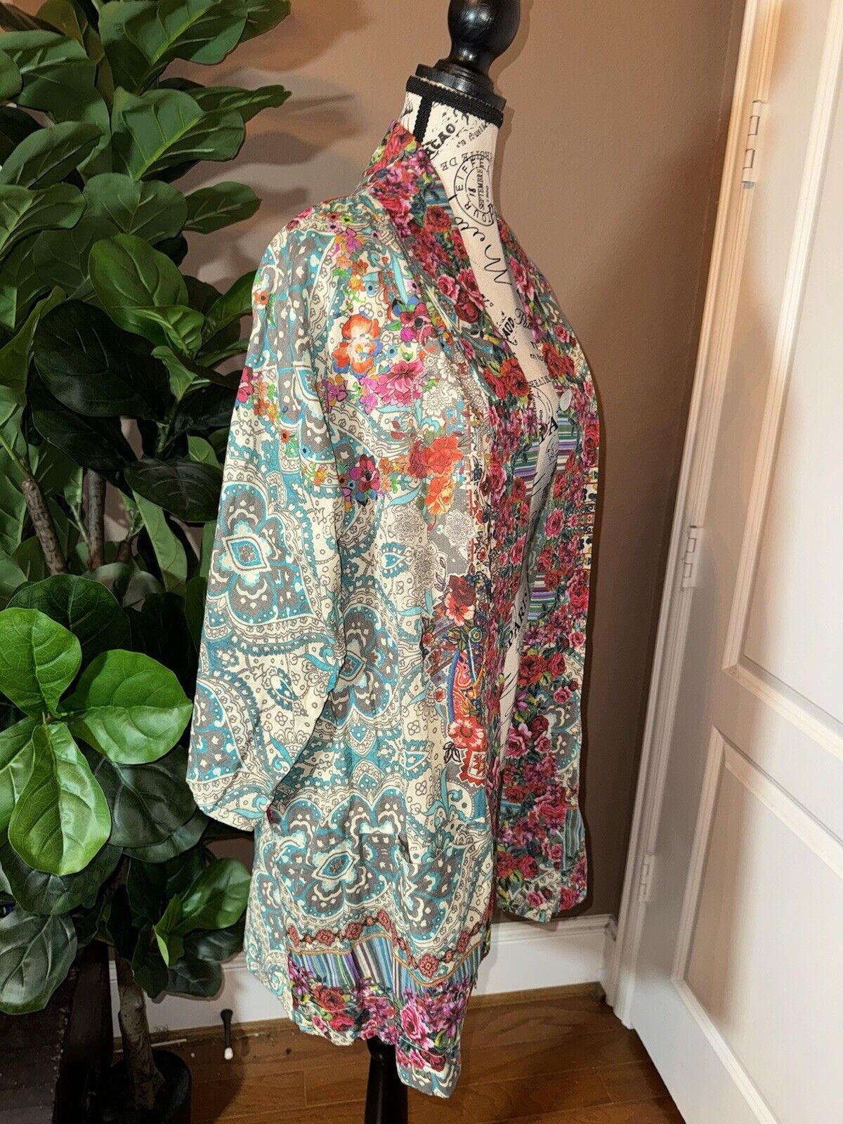 Johnny Was 100% Cotton Kimono M Medium Top Wrap Cardigan Jacket Pockets