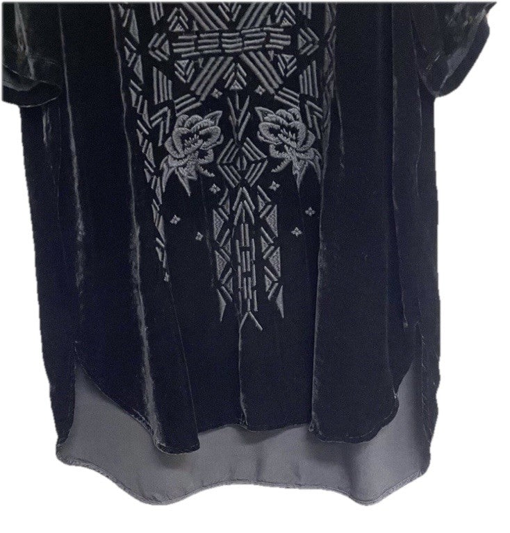 Johnny Was L Large Black Velvet Tunic Top Blouse  Tonal Embroidery Shirt Johnny Was