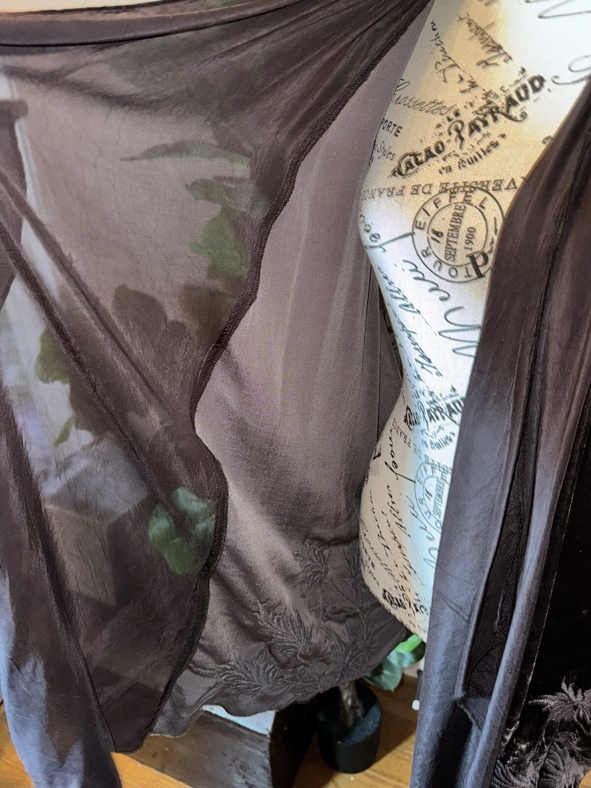 Johnny Was L Brown Velvet & Silk Panel Kimono Embroidery Wrap Cardigan Jacket Johnny Was