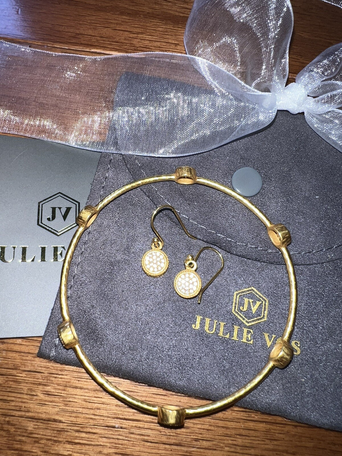 3pc Set Julie Vos Pave Earrings & CZ Stations Bracelet Bangle Sz Large Julie Vos
