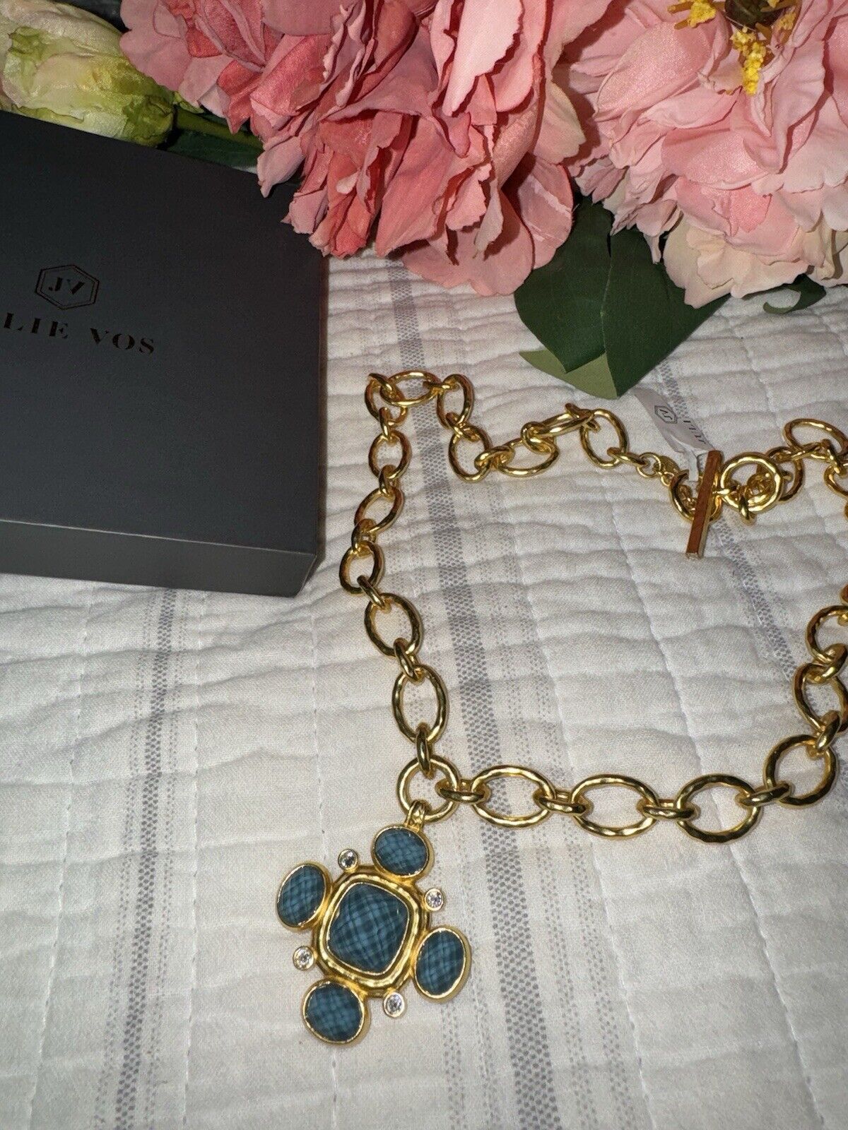 Julie Vos Statement Necklace Peacock Blue & 24k Gold Plated Toggle Link