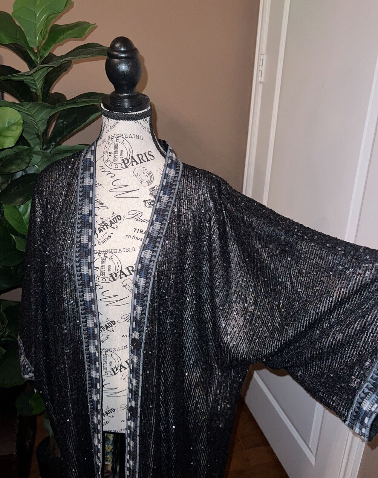 Johnny Was XL Long Silk & Sequin Black KIMONO Duster Wrap REVERSIBLE OVERSIZ