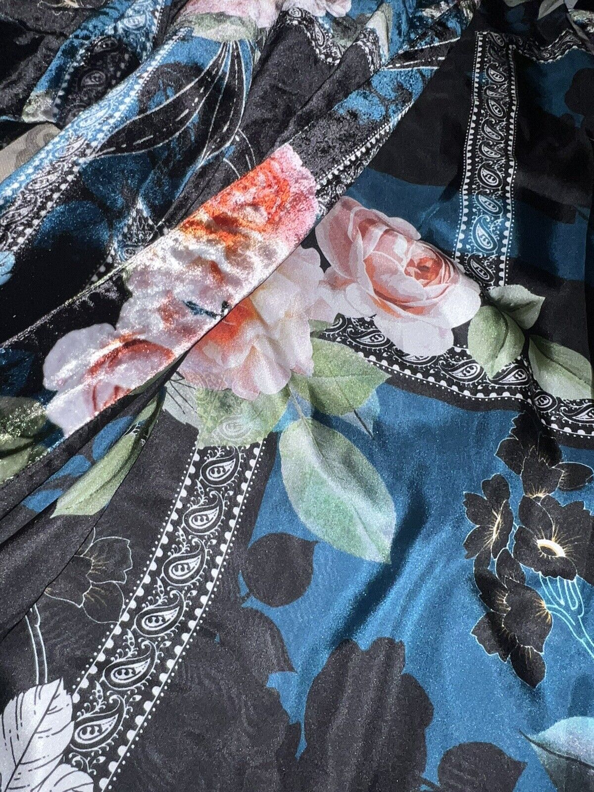 Johnny Was L Velvet & Silk Lined Kimono Wrap Duster Pink & Blue Floral