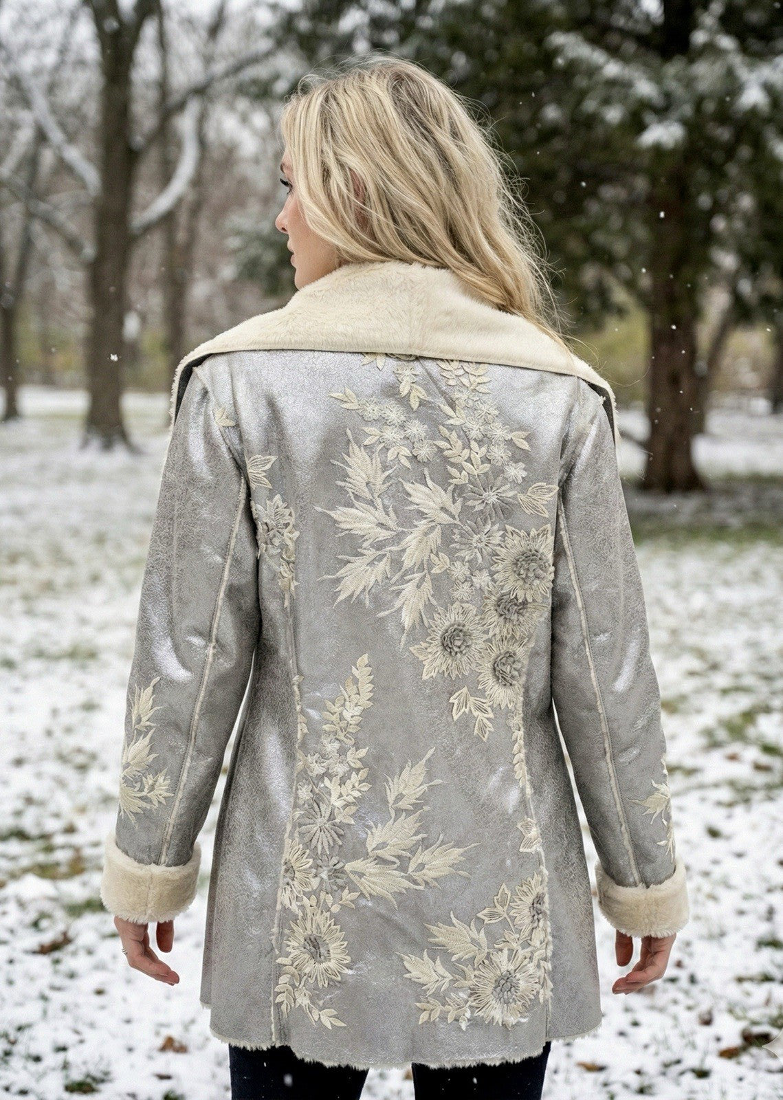 Johnny Was XL Silver Faux Suede & Fur Jacket Coat Applipue & Embroidery Johnny Was