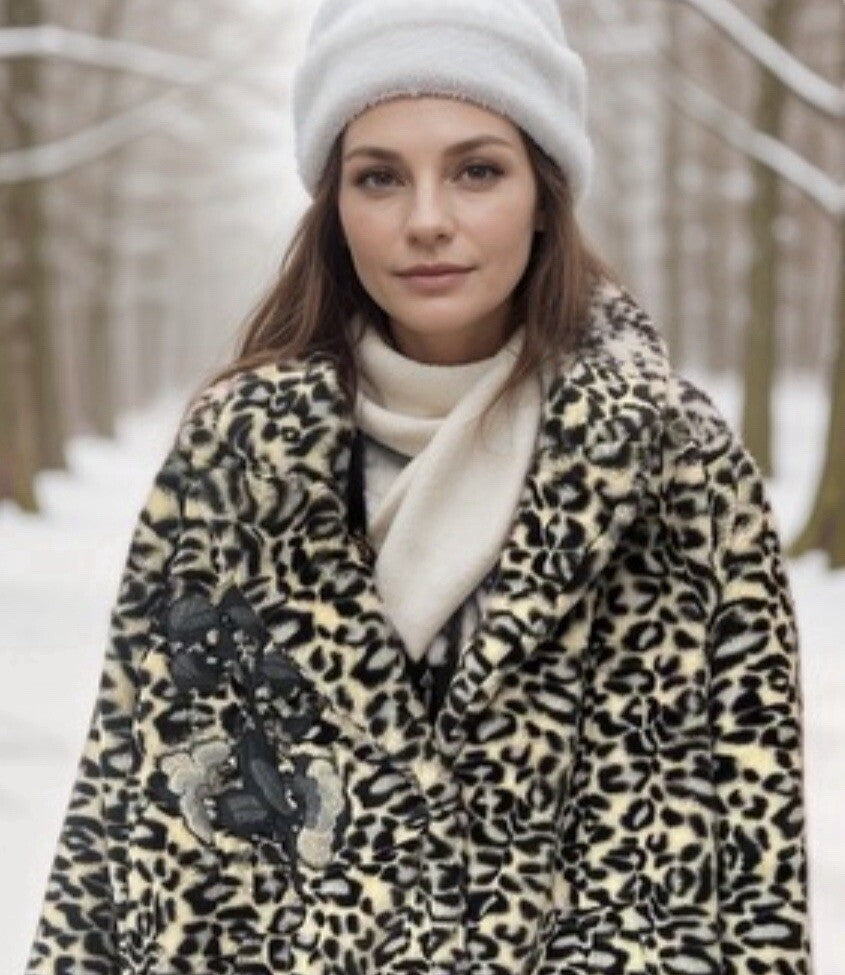 Johnny Was S Soft Blue & White Leopard Faux Fur Coat Jacket Wrap Silk Lining Johnny Was