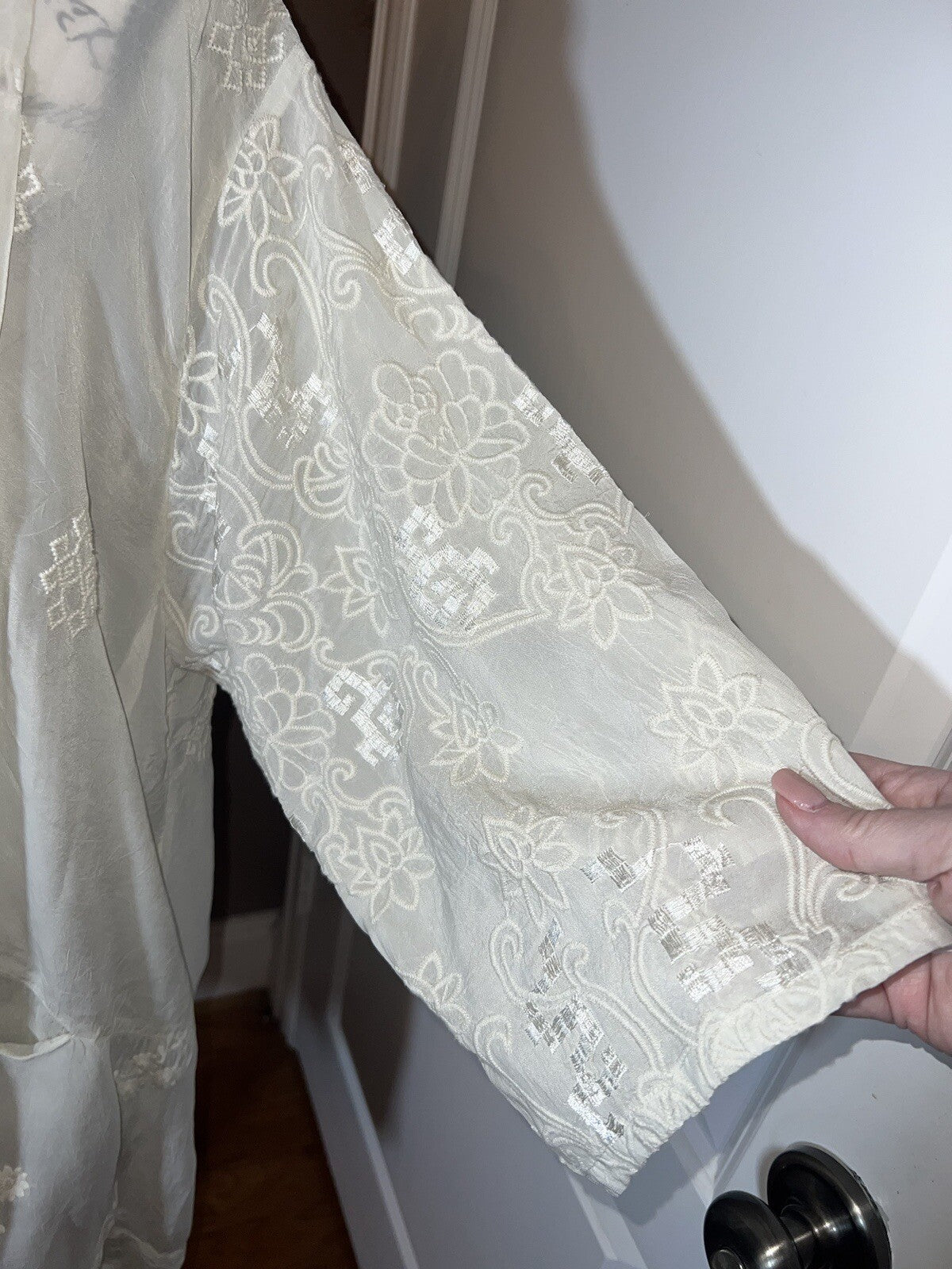 Johnny Was L Ivory Ecru Kimono Silky Embroidery & Lace Jacket Beach Wedding Wrap Johnny Was