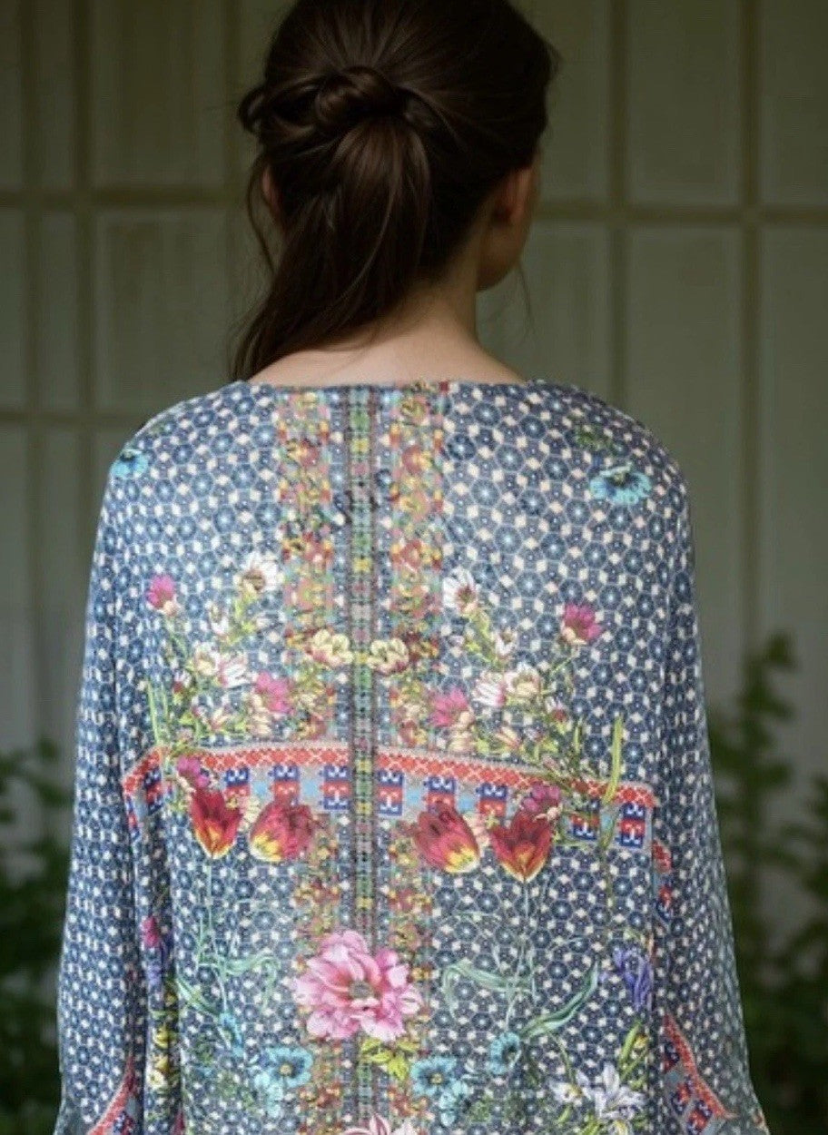 Johnny Was XL 1X 100% Silk Navy Floral Kimono Wrap Cover Up Top Blouse Cool BOHO Johnny Was