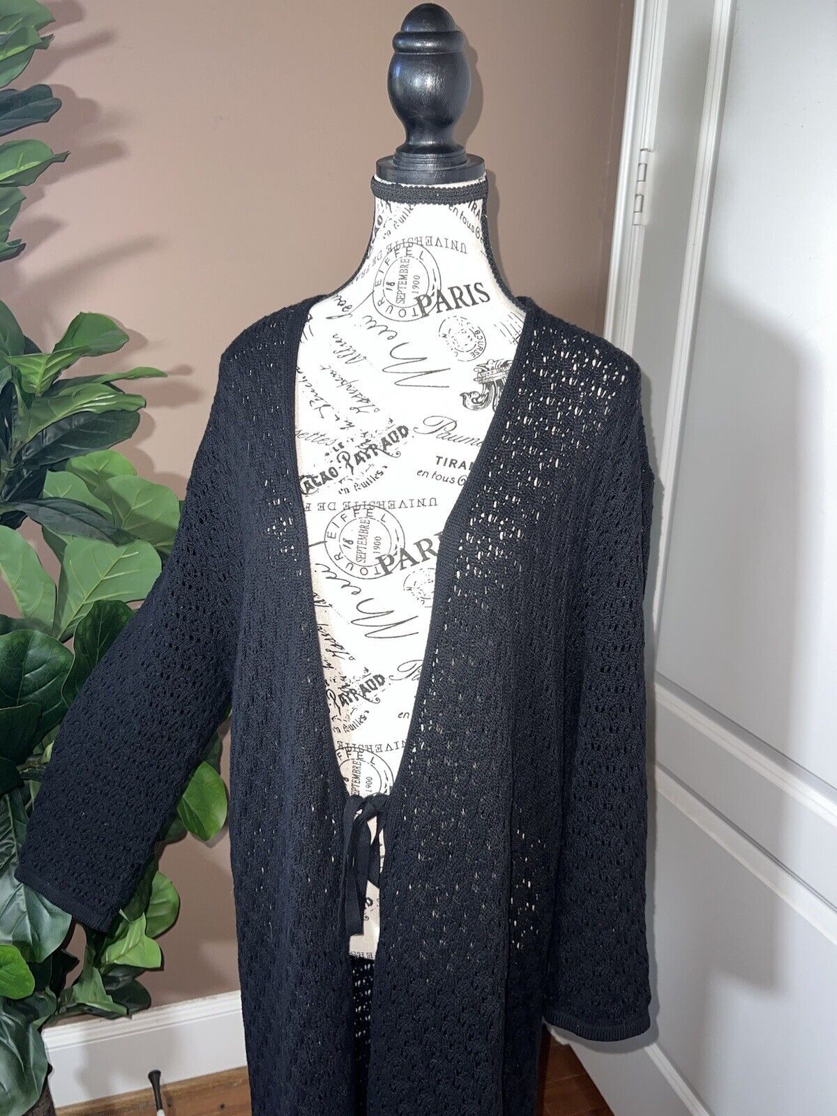 Johnny Was Black Crochet Long Kimono XL 1X 1XL  Duster Cover Up Wrap