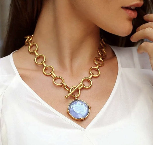 Julie Vos Iridescent Blue Statement Toggle Link Necklace Pendant Bee 19” Julie Vos