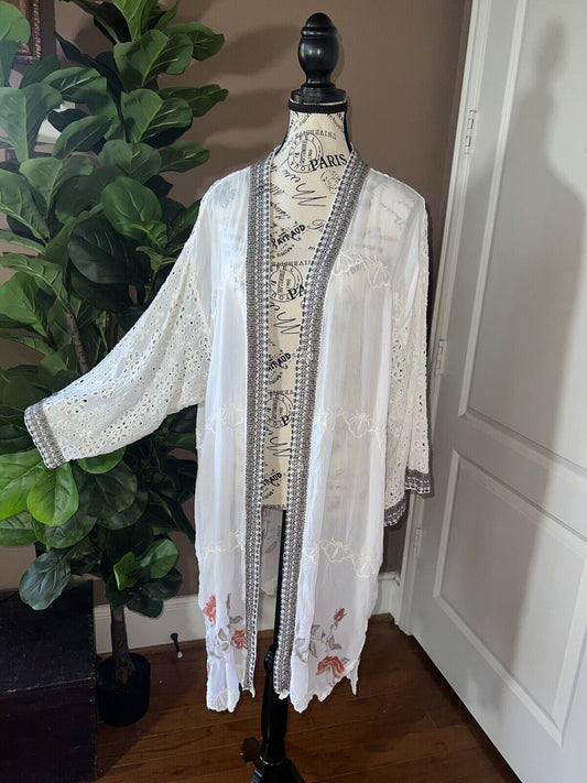 Johnny Was White Silky Long Kimono Duster Wrap Floral Embroidery XXL 2XL 2X