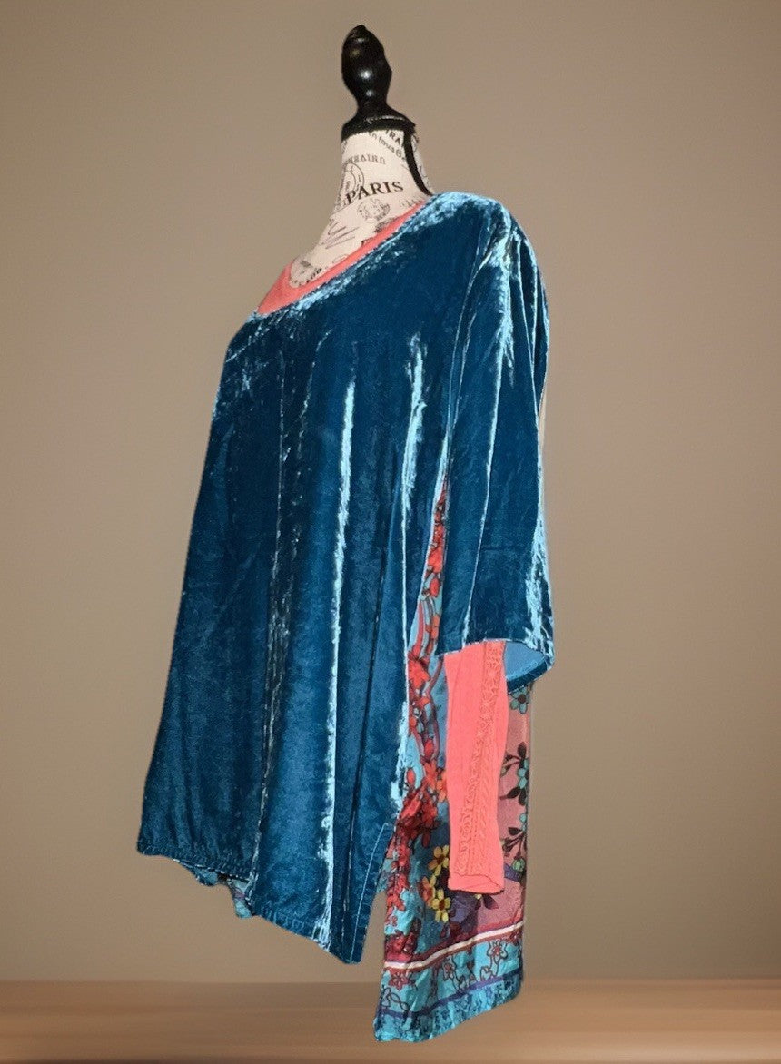 2 pc Johnny Was Large Teal Blue Velvet & Silk Tunic Top FREE Matching Undershirt Johnny Was