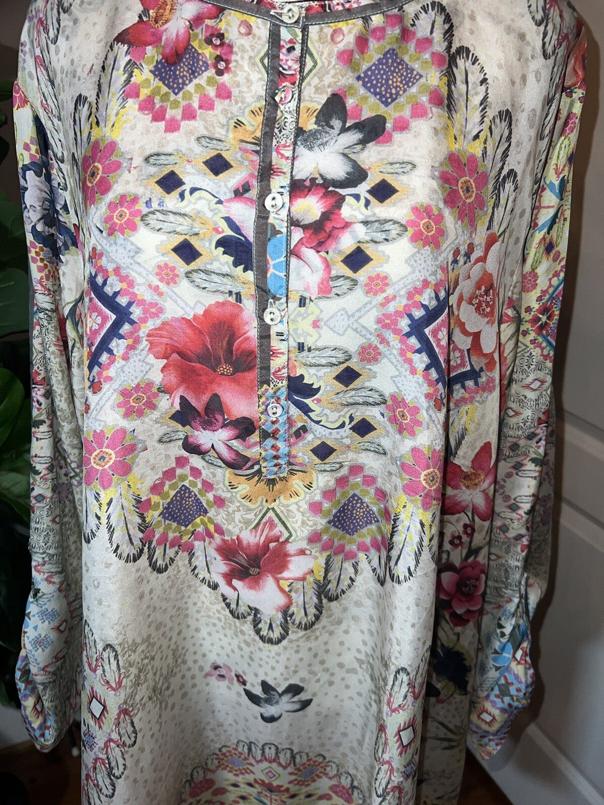 Johnny Was 2X Tunic Top Blouse 100% Silk Soft & Flowy Shirt  Long Sleeve BOHO Johnny Was