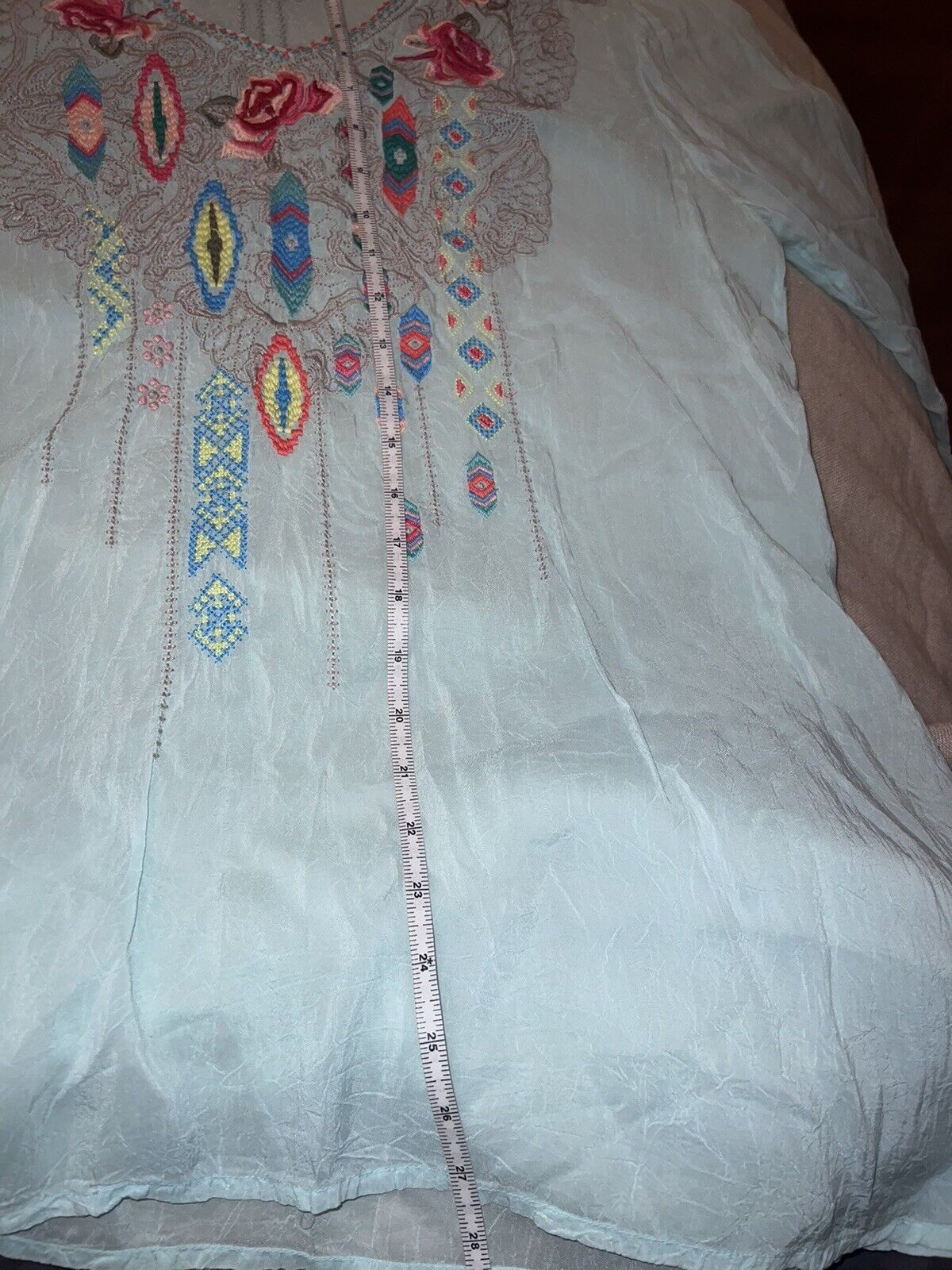 Johnny Was Sz XL Silky Soft Baby Blue Tunic Top Embroidery