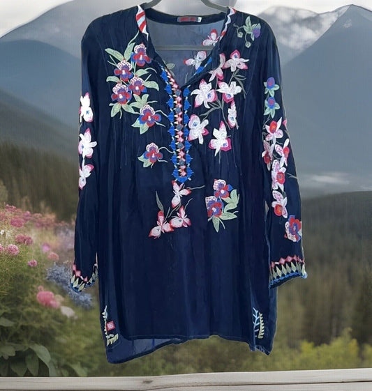 Johnny Was Beautiful Embroidered Tunic Kimono Silky Feel Gorgeous Flowers Sz 1X