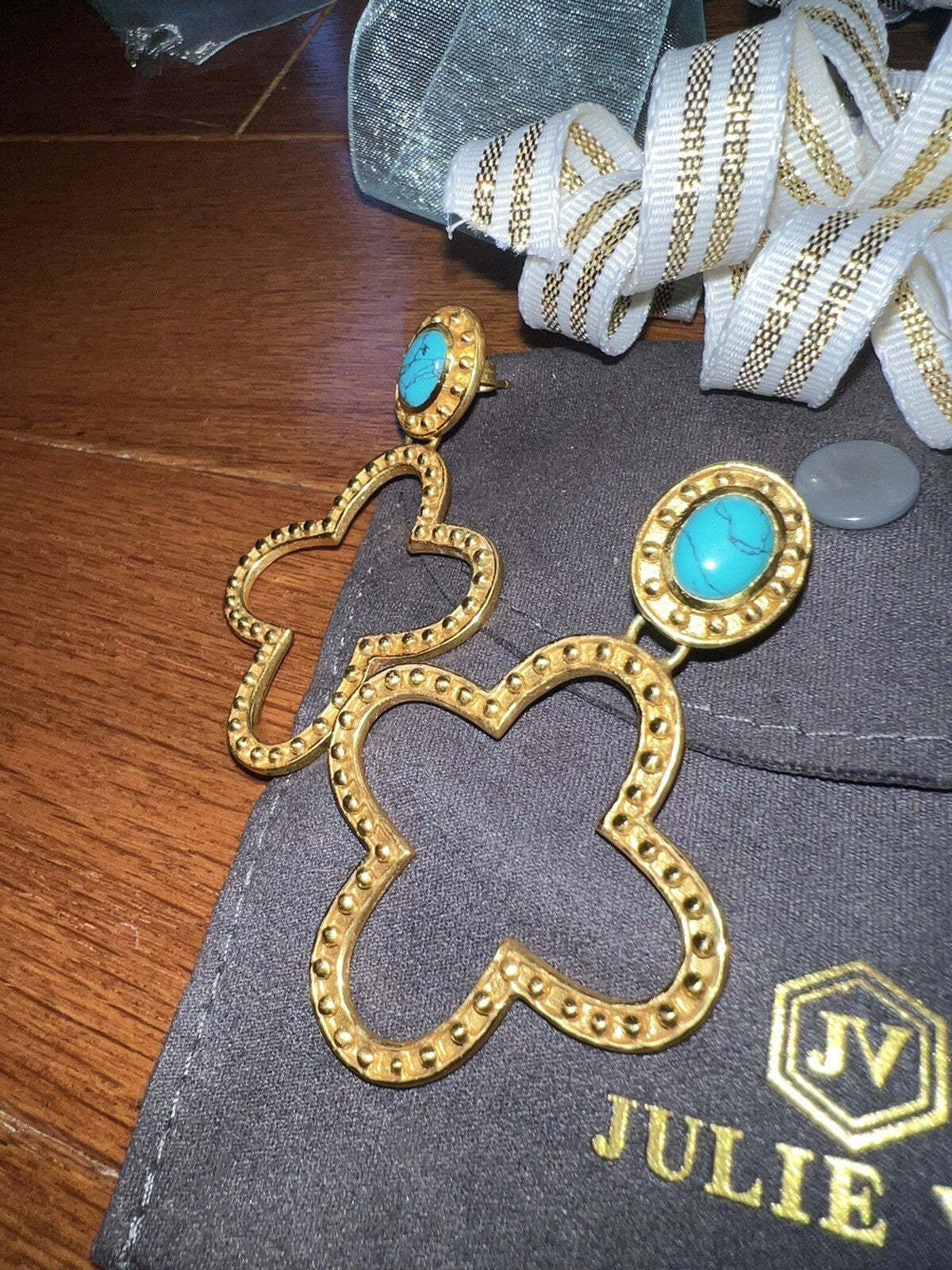 Julie Vos 24k Gold Plate & Turquoise Cross Statement Earrings WOW Julie Vos