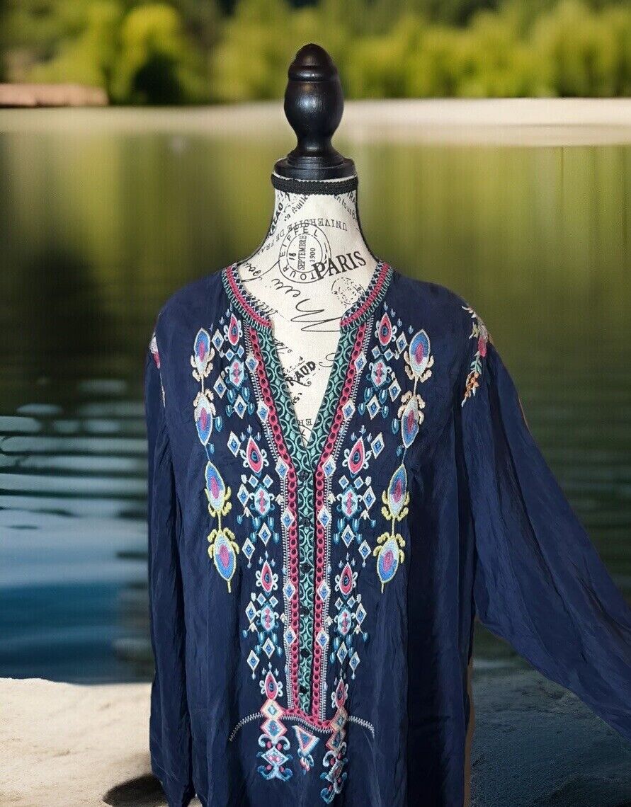 Johnny Was 3X 3XL Heavily Embroidered Navy Tunic Top Mini Dress Kimono Sleve