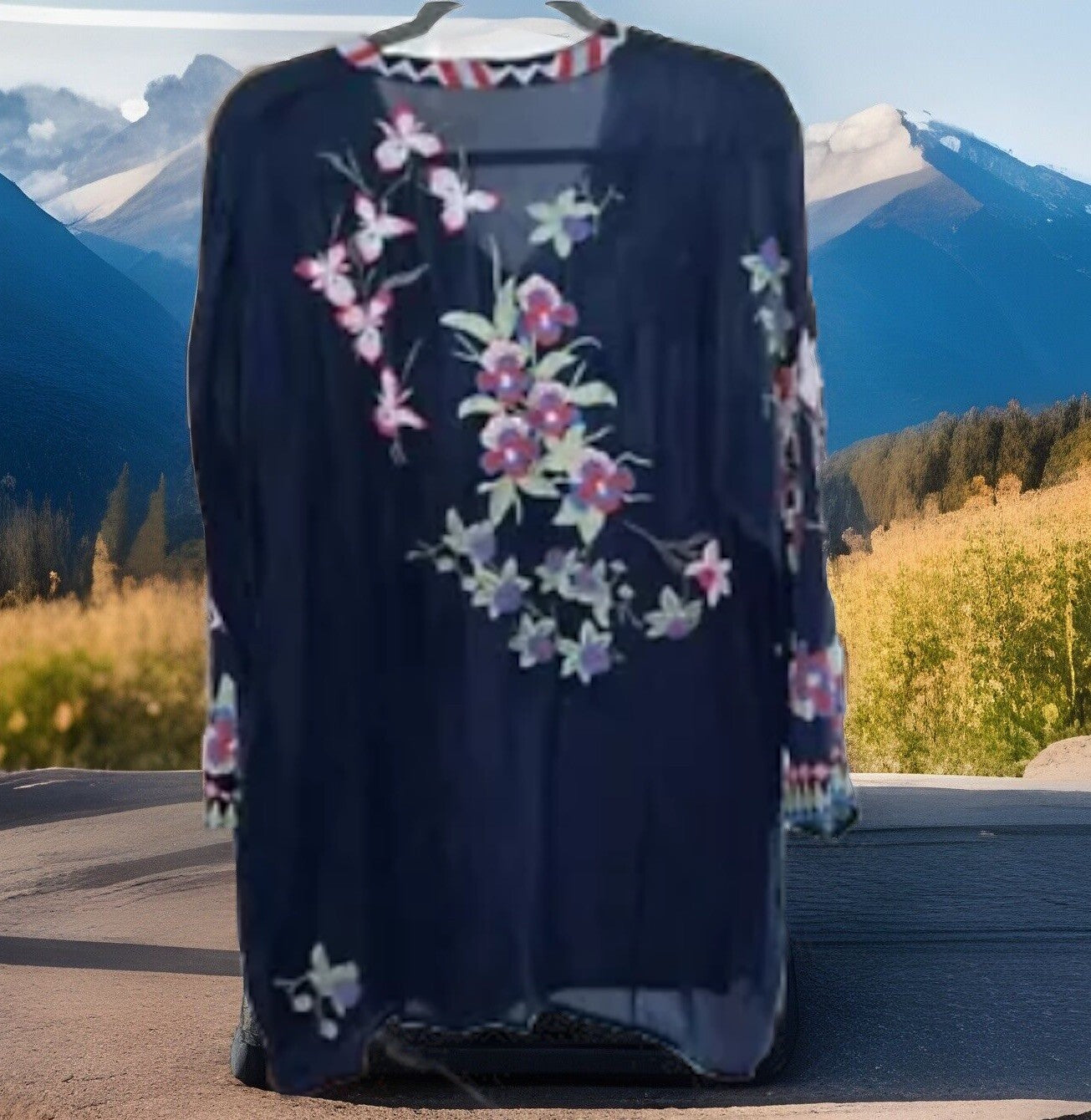 Johnny Was 1X Navy Blue Embroidered Tunic Top Blouse Silky Shirt Lightweight Johnny Was