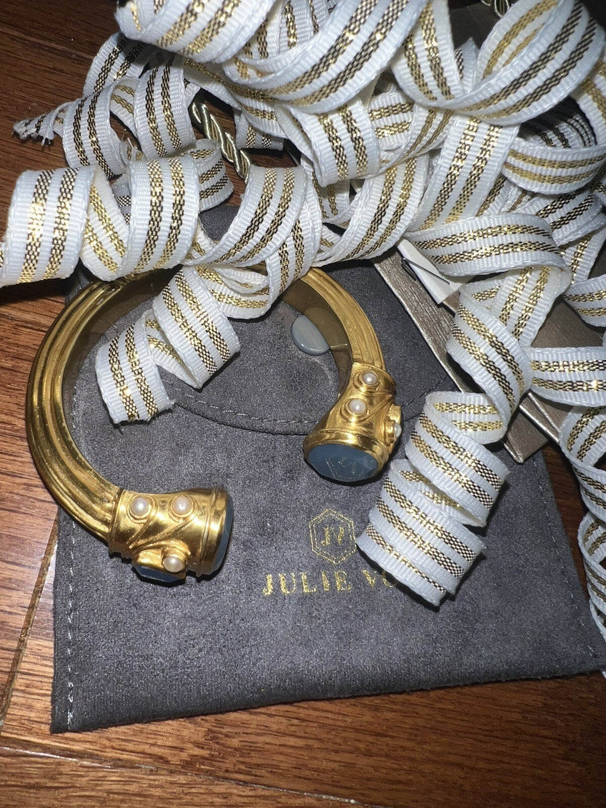 Julie Vos Blue & Pearl 24k Gold Plated Large Hinged Cuff Bangle Bracelet Julie Vos