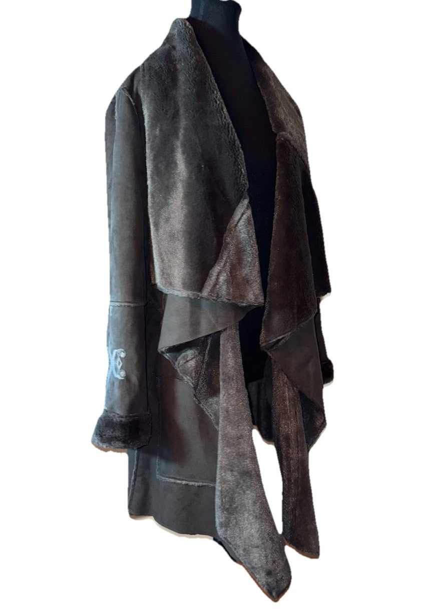 Johnny Was M Black Fuzzy Fur & Faux Suede Coat Jacket Wrap Pockets Western Johnny Was