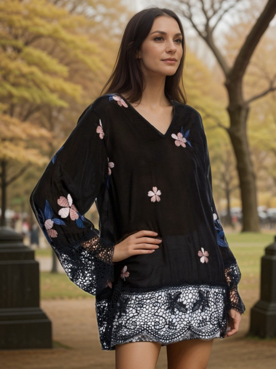 Johnny Was L Black Peasant Blouse Tunic Top Embroidered Lightweight Cool BOHO Johnny Was