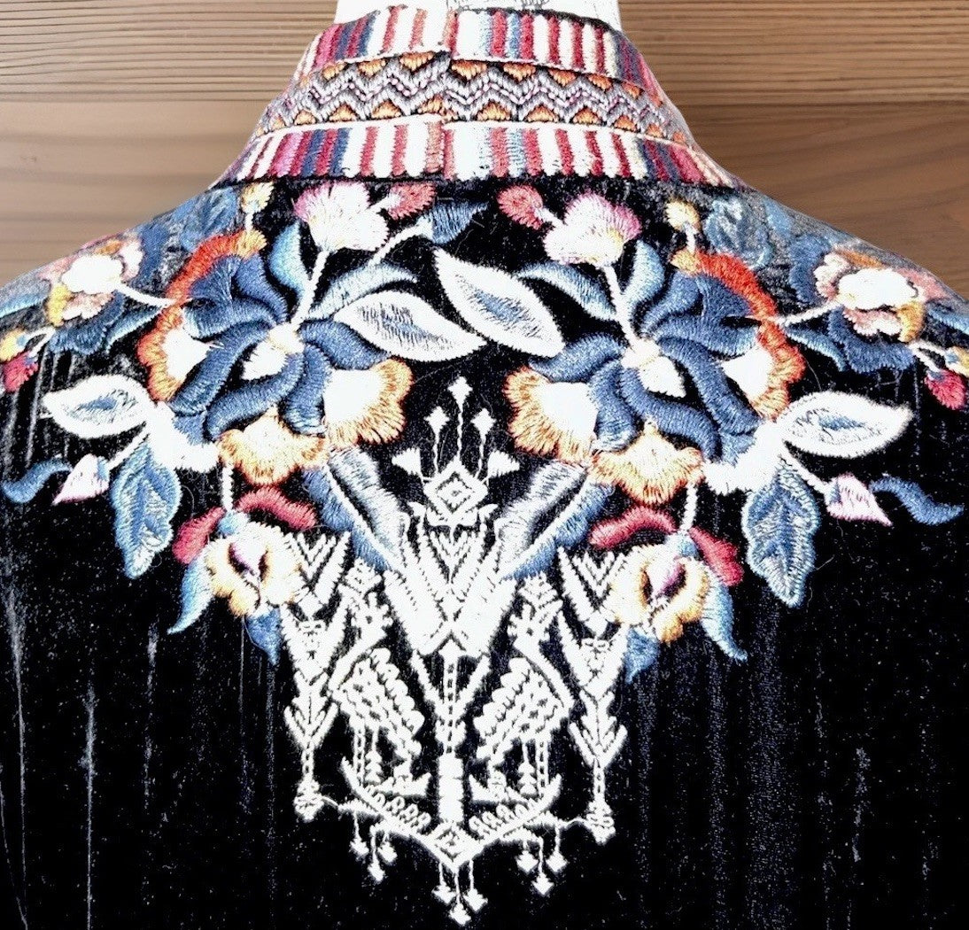 Johnny Was L Large Long Black Velvet Kimono Wrap Jacket Duster Oversized Aztec Johnny Was