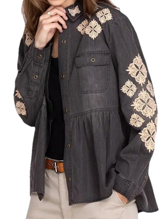 Johnny Was L Black Denim Button Up Shirt Jacket Coat Embroidered Light Wash Johnny Was