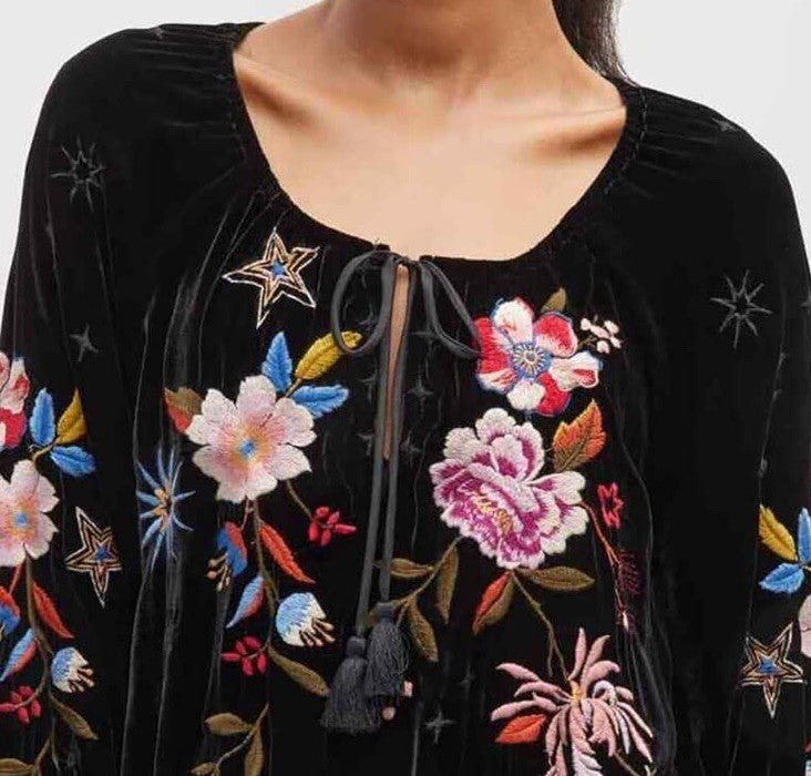 Johnny Was L Black Velvet Peasant Top Tunic Blouse Shirt Embroidered Roses Stars Johnny Was