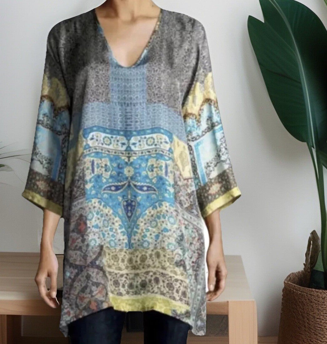 Johnny Was 100% Silk Tunic Top Blouse Or Mini Dress Sz M Medium Beautiful Cond Johnny Was