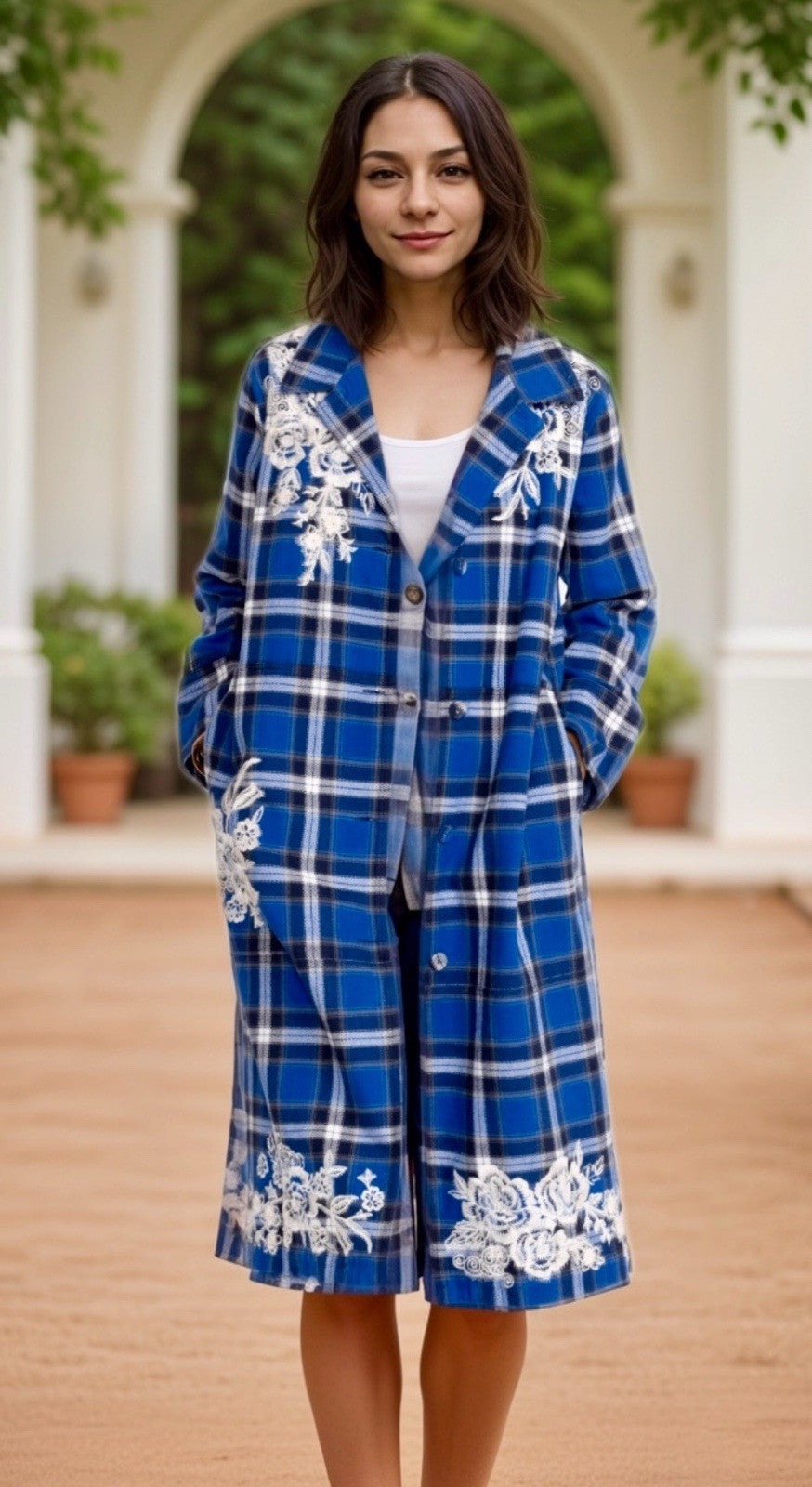 Johnny Was L Large Blue Plaid Trench Coat Jacket MIDI Embroidered Dragon Johnny Was