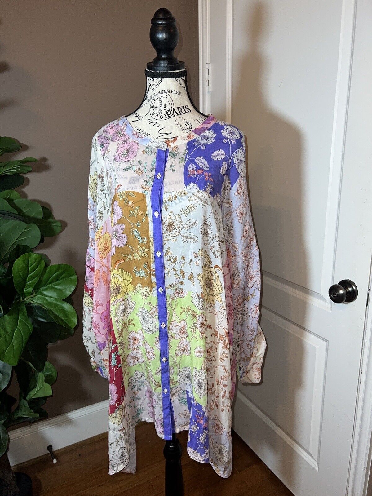 Johnny Was Silky Tunic Top Sz XL 1X Floral Patchwork Button Up  SUMMER