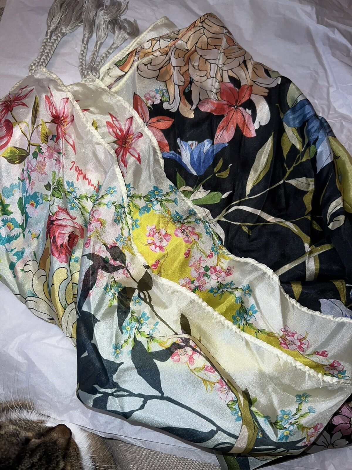 Johnny Was Floral 100% Silk Scarf Tassels Beautiful Condition 43” X 43”