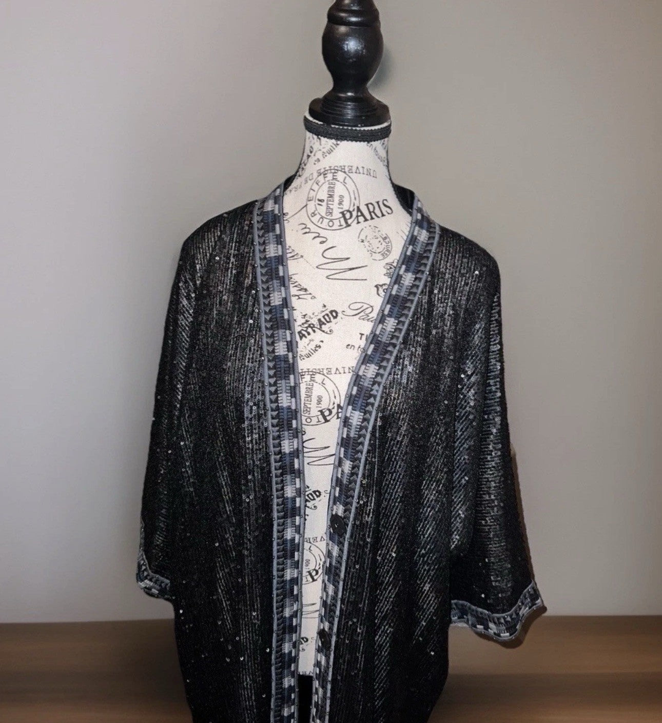 Johnny Was Sz L Black 100% Silk & Sequins KIMONO Long Duster Coat REVERSIBLE Johnny Was
