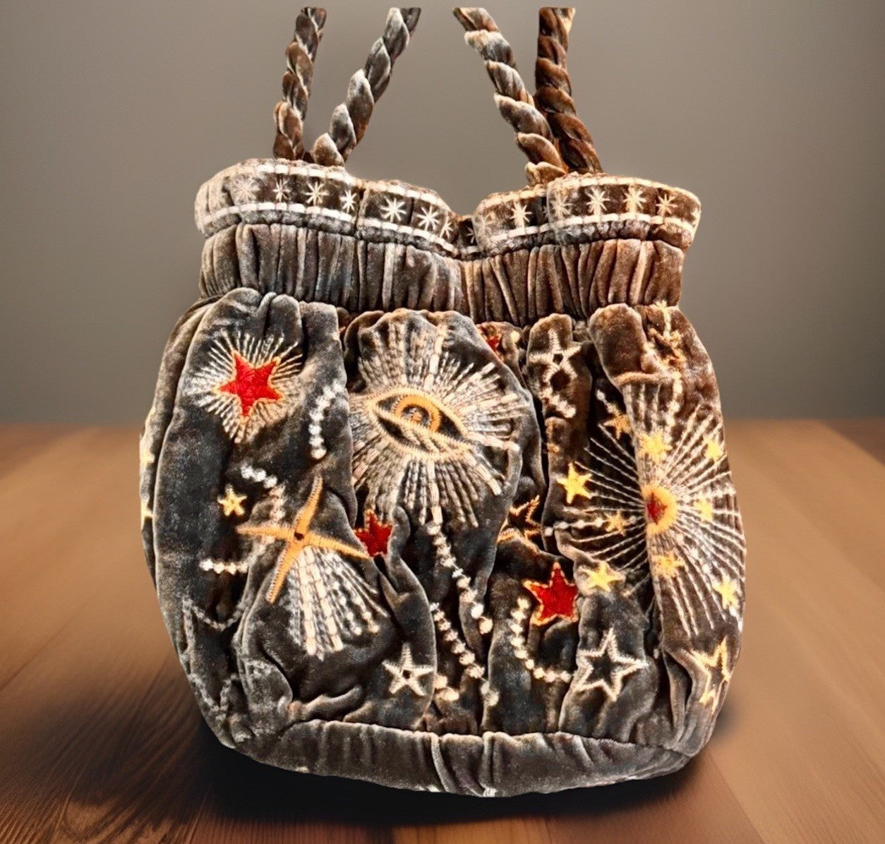 Johnny Was Brown Velvet Bucket Bag Purse Tote Embroidered Celestial Johnny Was