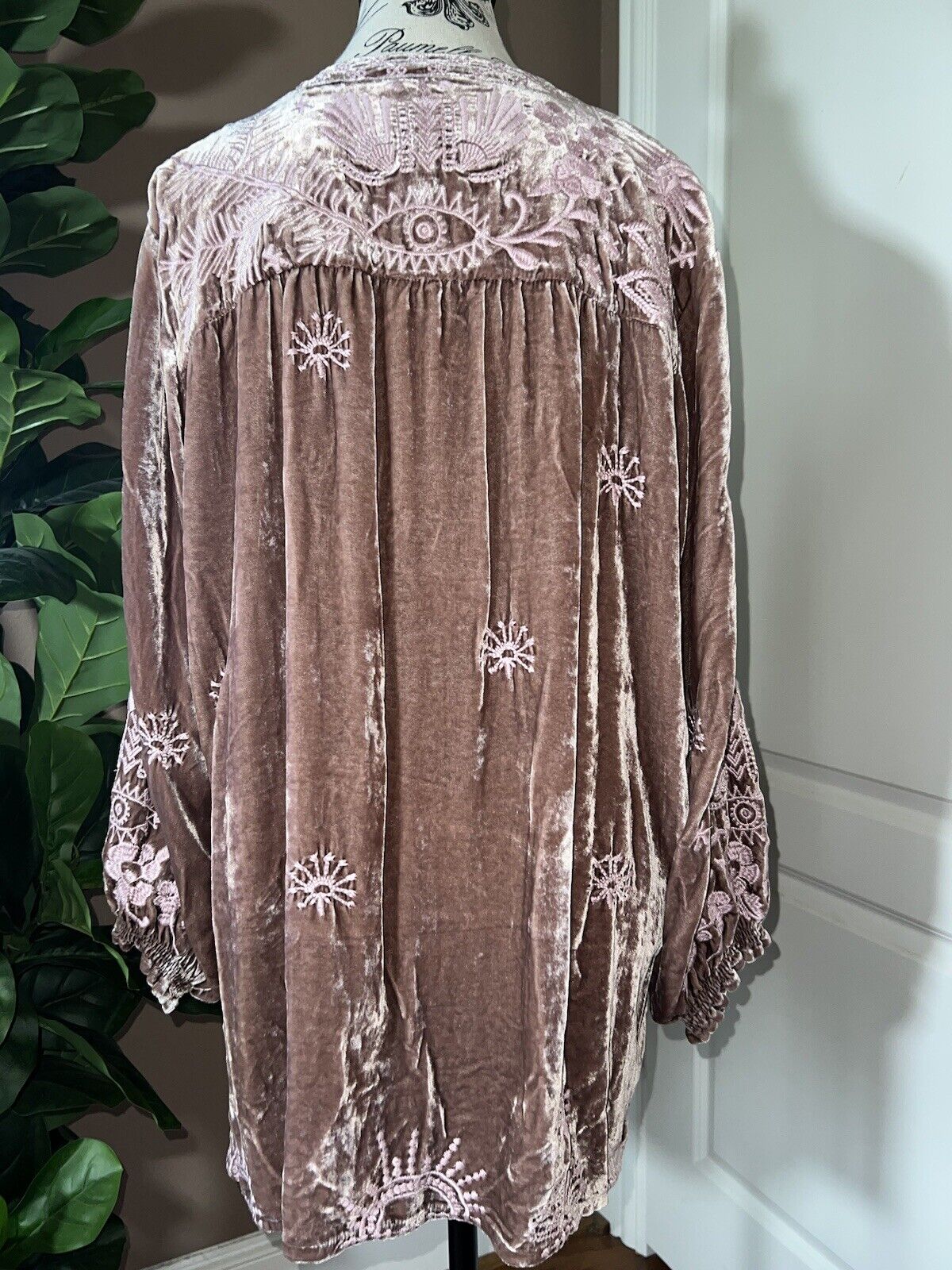 Johnny Was Dusty Rose Pink Velvet Embroidered Tunic Top Peasant Blouse XL 1X