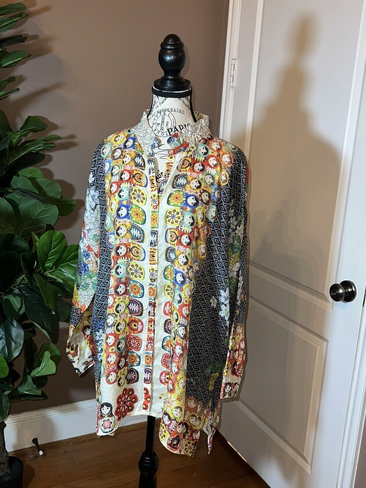 Johnny Was Nesting Dolls 100% Silk Blouse Top Tunic L  Large OVERSIZED