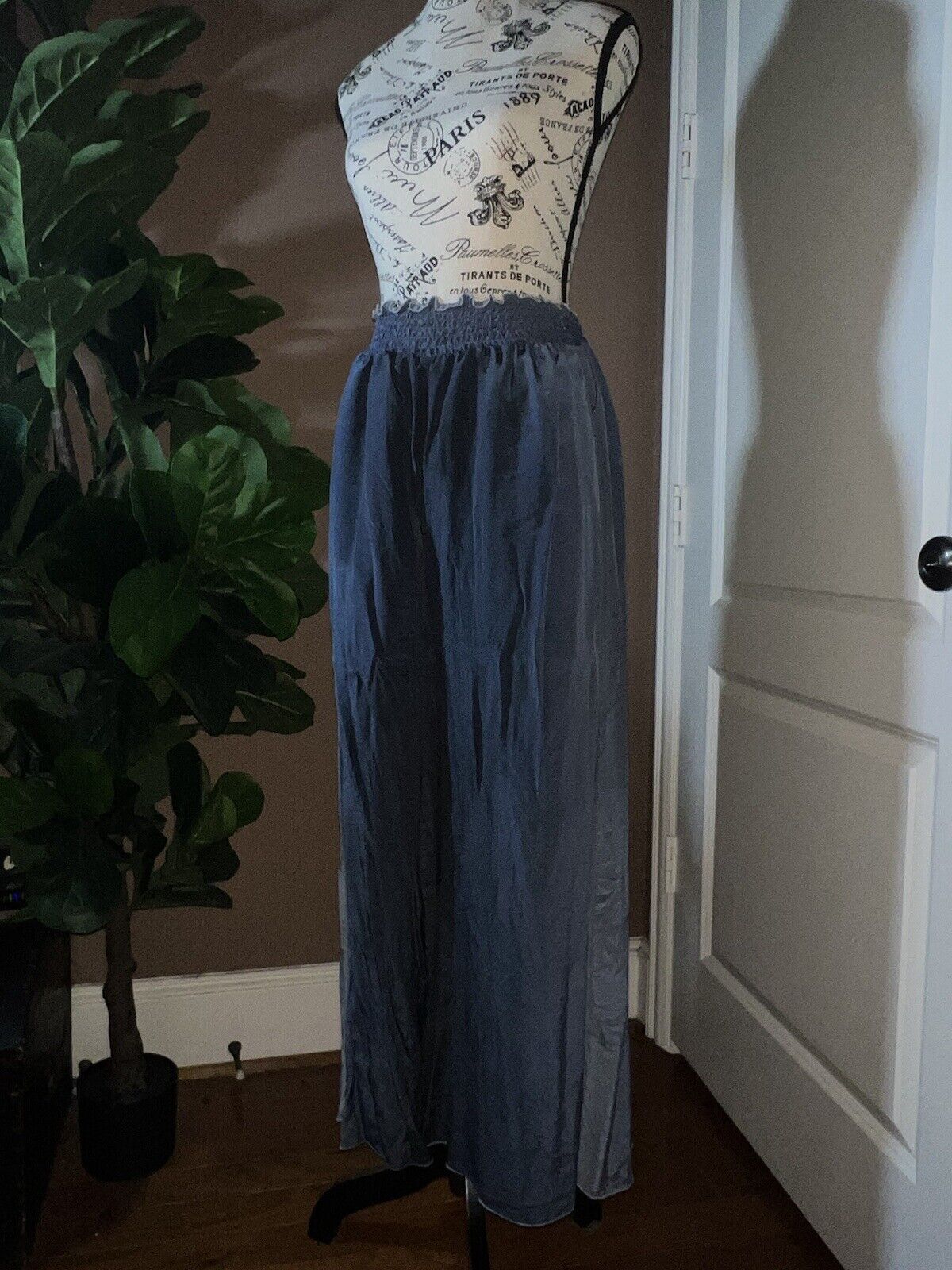 Johnny Was 100% Silk WIDE LEG Blue & Grey Ombré Pants Sz M Perfect W/ Kimono