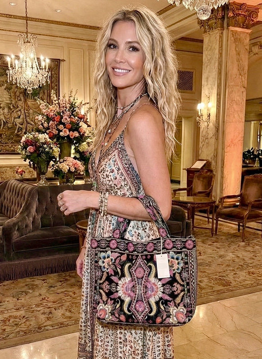 Johnny Was Large Black Velvet Hobo Bag Tote Purse Embroidered Crossbody Johnny Was