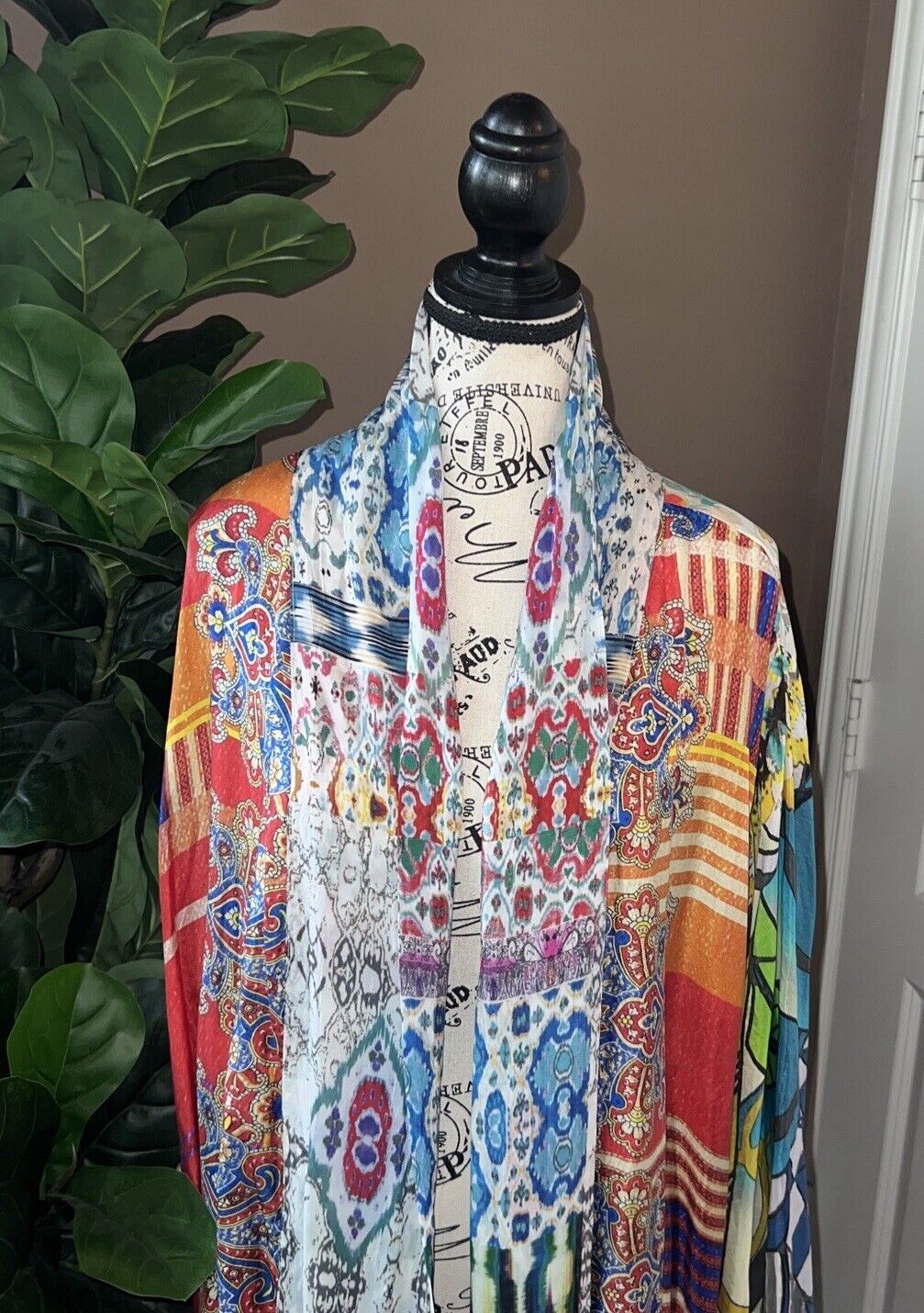 Johnny Was L Large 100% Silk Kimono Wrap Jacket Cardigan Duster Colorful