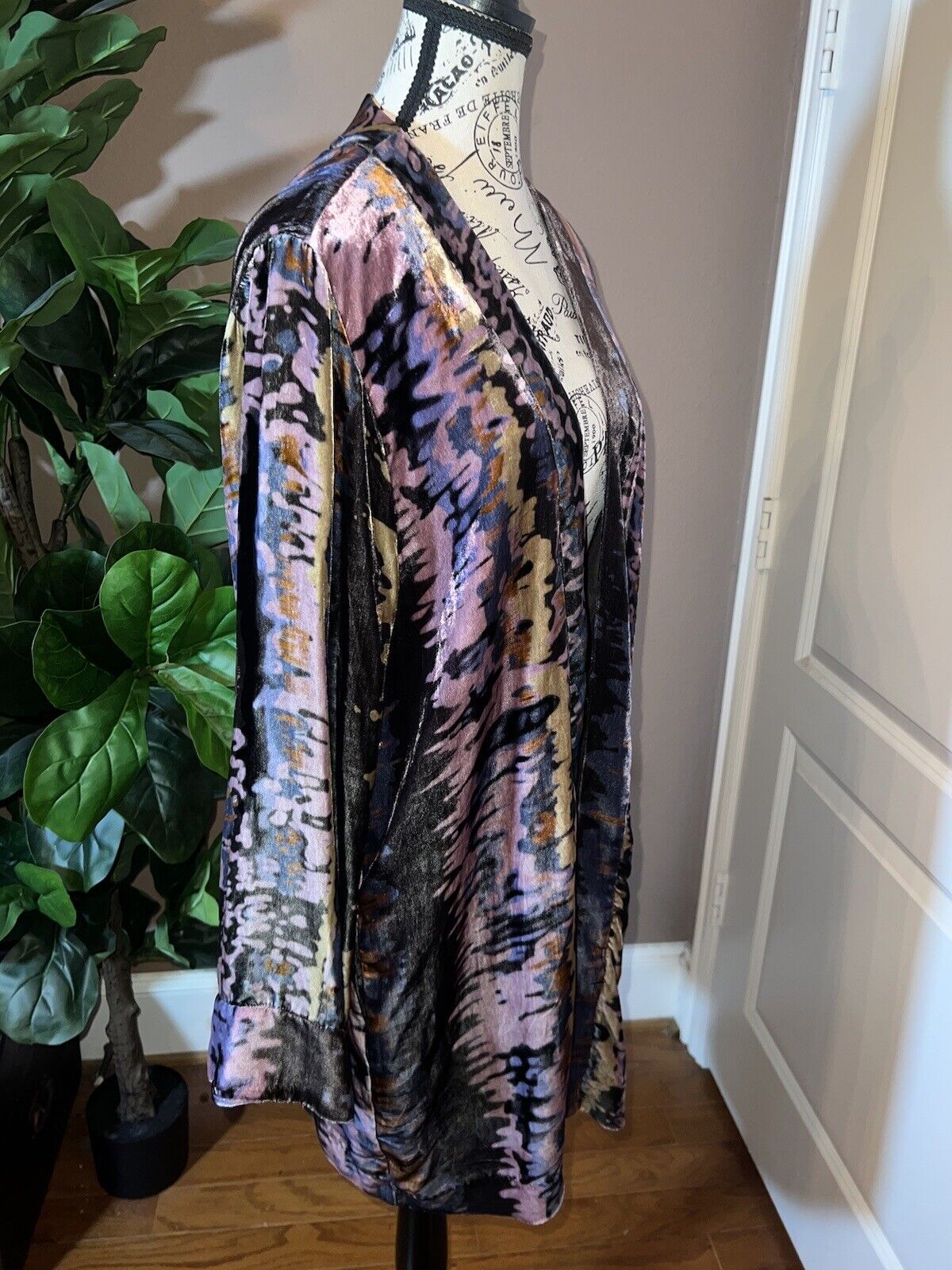 Johnny Was Velvet Silk Lined Kimono Wrap Sz L Large Purple Blue Gold Watercolors