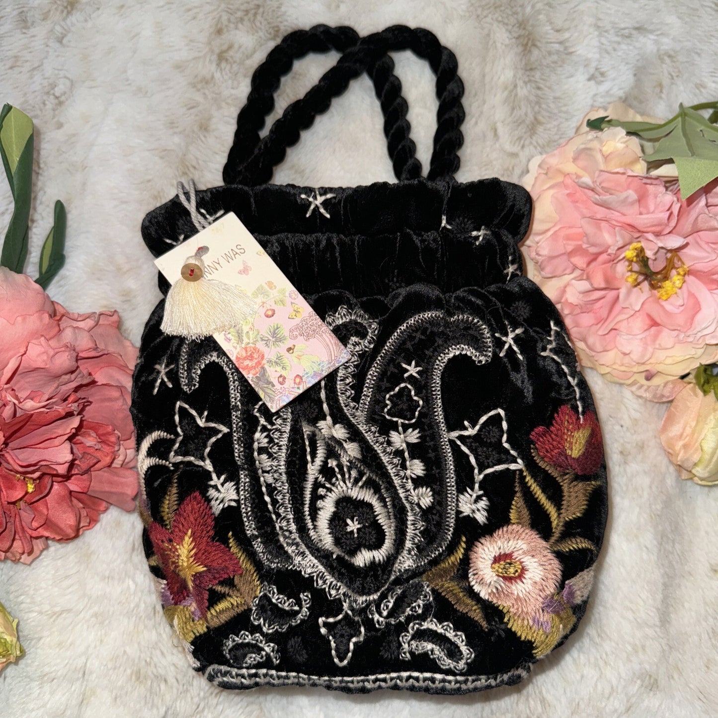 Johnny Was Black Velvet Embroidered Hobo Bag Tote Purse Pink Roses & Paisley Johnny Was