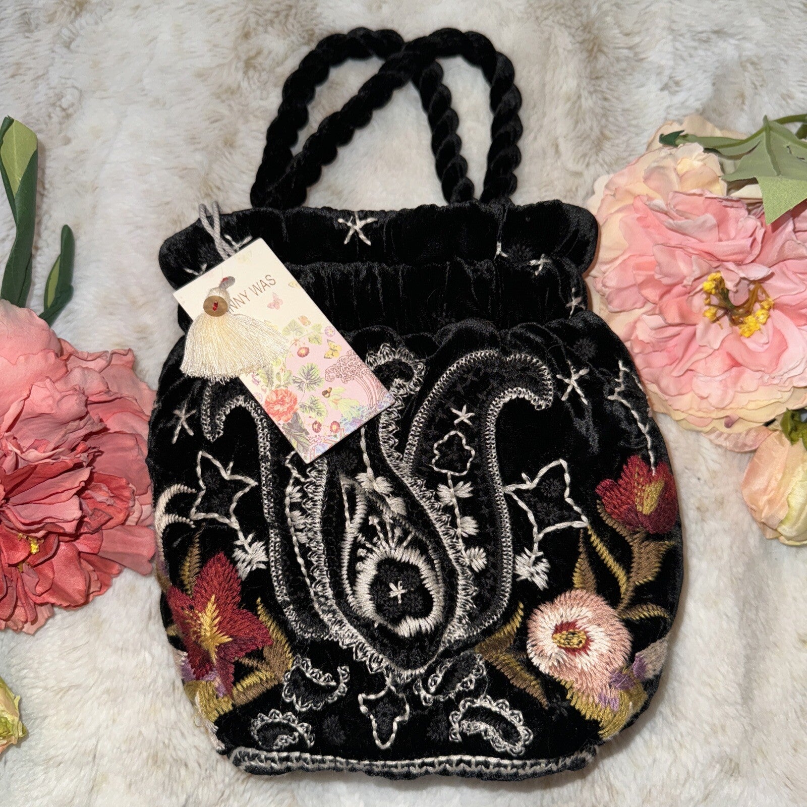 Johnny Was Black Velvet Embroidered Hobo Bag Tote Purse Pink Roses & Paisley Johnny Was