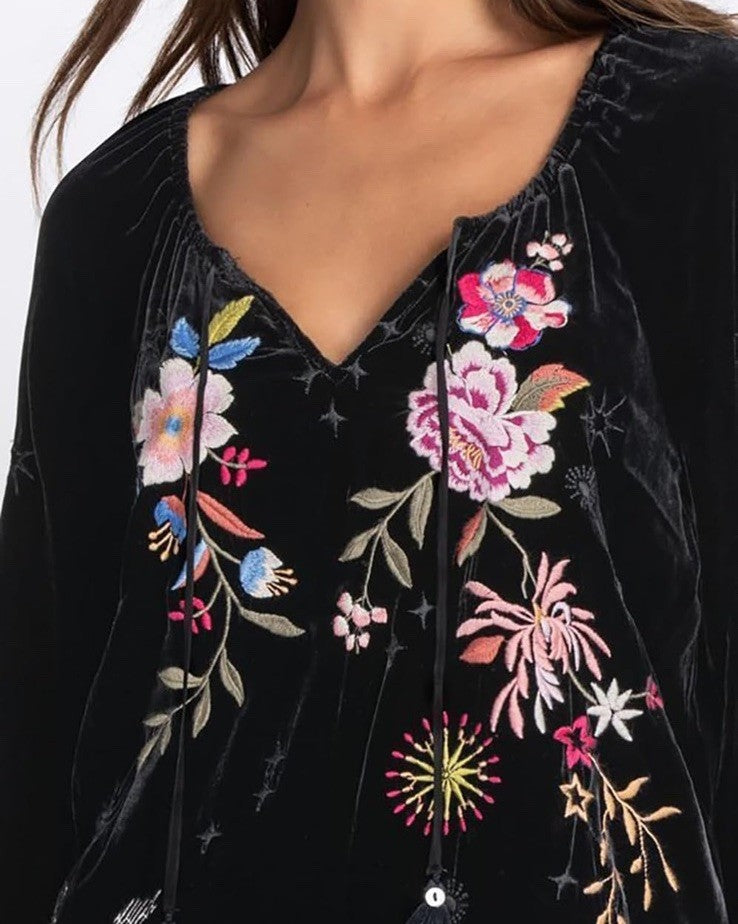 Johnny Was L Large Black Velvet Roses & Stars Embroidered Peasant Tunic Top Johnny Was