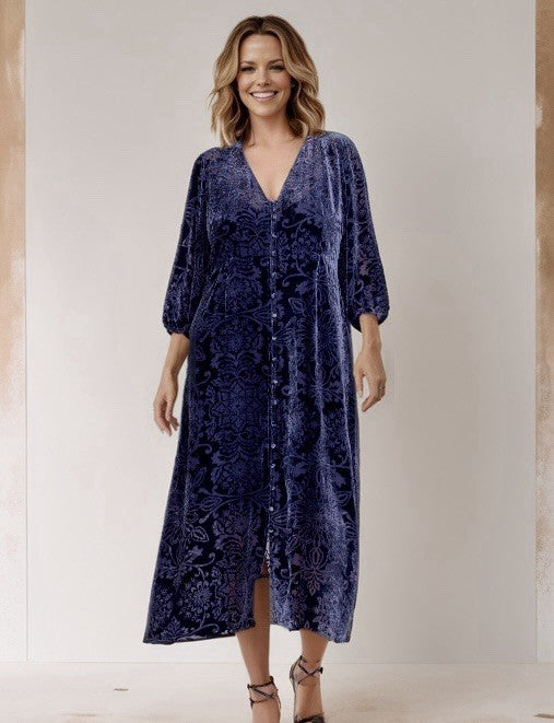 Johnny Was 3X Midnight Blue Velvet Burnout Shift MIDI Dress Lightweight Cool Johnny Was