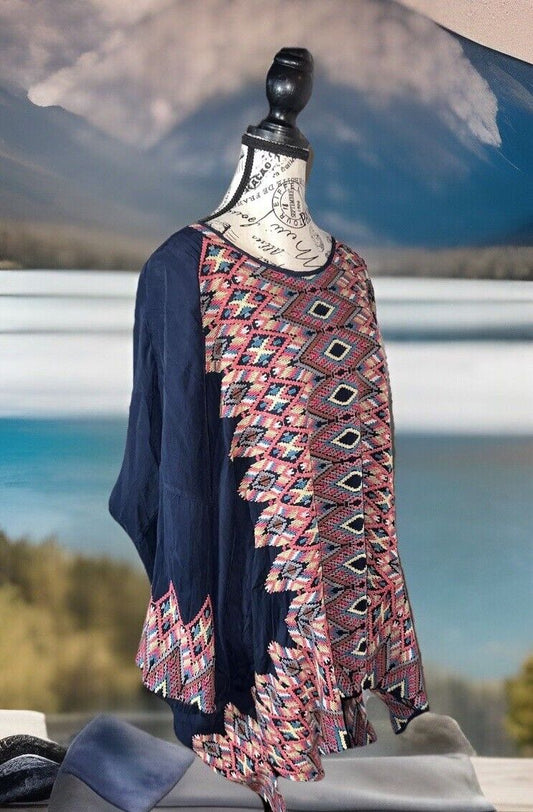 Johnny Was 3XL 3X Dark Blue Tunic Top WOW STUNNING Embroidery Kimono Sleeves