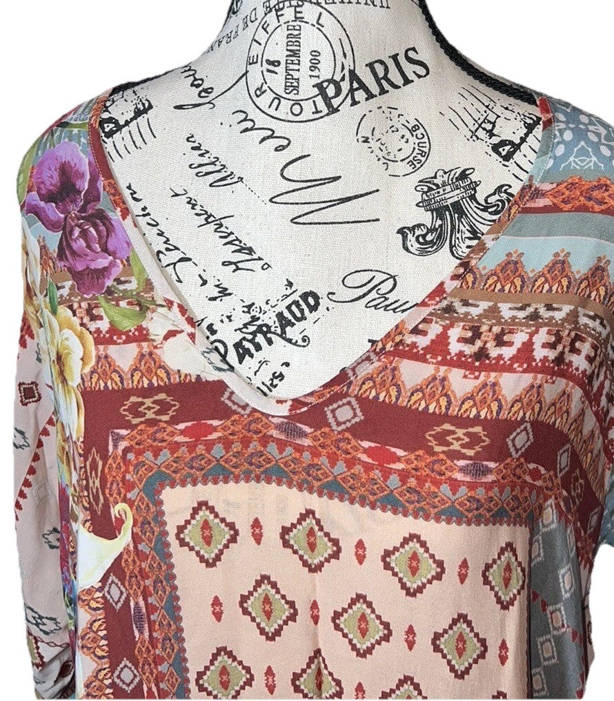 Johnny Was 1X Shift Mini Dress Tunic Top Lightweight Cool Soft Patchwork Johnny Was