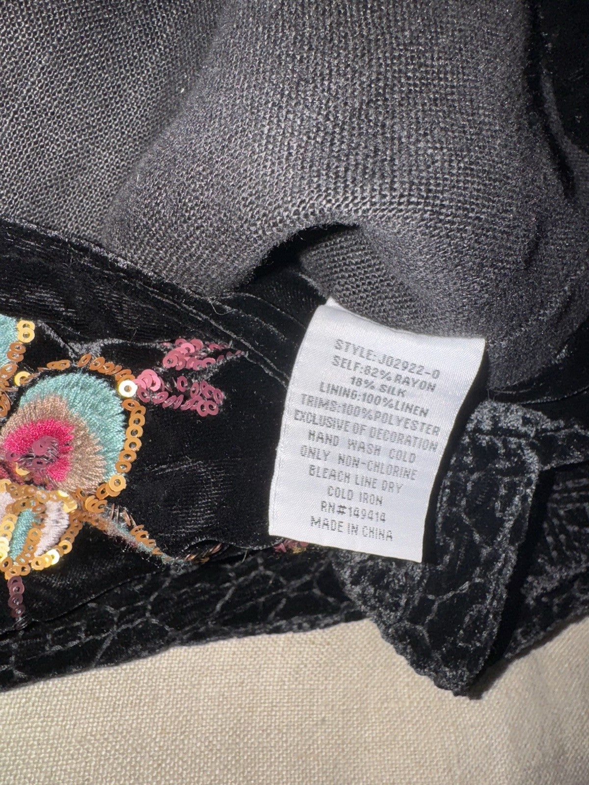 Johnny Was Large Black Velvet & Sequin Hobo Bag Tote Purse Embroidered Crossbody Johnny Was