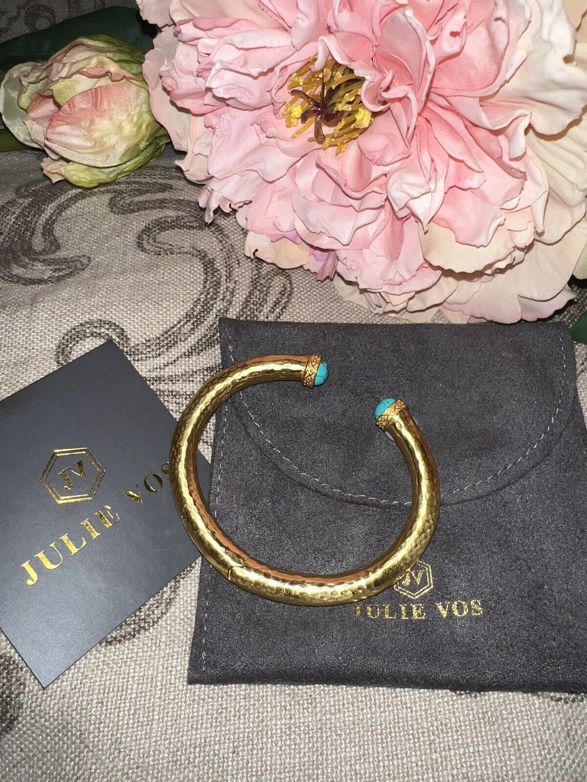 NEW Julie Vos Hinged Bangle Bracelet Blue Turquoise 24k Gold Plated NWOT