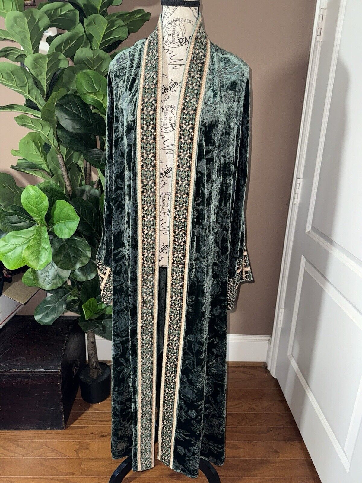 Johnny Was Large Burnout Velvet Long Kimono Duster Wrap Coat Embroidered